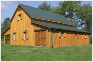 The Applewood Barn has a loft and optional horse stalls, open shelters, garages, workshops and more. Inexpensive stock plans are available at BackroadHome.net