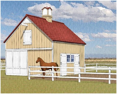 The Chestnut Barn is a small, efficient pole barn with two stalls, a front-to-back alley and a hay loft. Plans, at BackroadHome.net, include options to expand it with one or two more stalls, grooming shelters and a garage. Just click through to learn more. 
