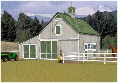 A Combination Horse Barn and Garage - The Chestnut Barn & Garage combines two-stalls, a hay-loft, a front-to-back alley and a 12'x24' garage, storage area or equipment shelter. Building plans are available at BackroadHome.net. Just click on the barn to see a floor plan.