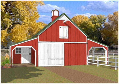 Three-Stall Horse Barn Plans - The Chestnut Valley Pole-Barn has three stalls that open out to covered grooming areas. There's a front-to-back alley and hay loft too. Click to see a floor plan and dimensions. Complete construction blueprints are available at BackroadHome.net