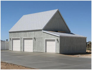 This garage, by the beach in California, was built without windows and trim shown on the standard Almond Pole Barn drawings.