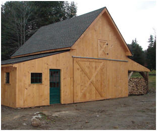 The Applewood Pole-Barn with a custom wood shed. Read more about the inexpensive stock plans at BackroadHome.net