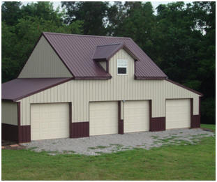 Bethany Coach House - This garage was customized, with metal siding and roofing, from stock wooden pole-barn plans. 