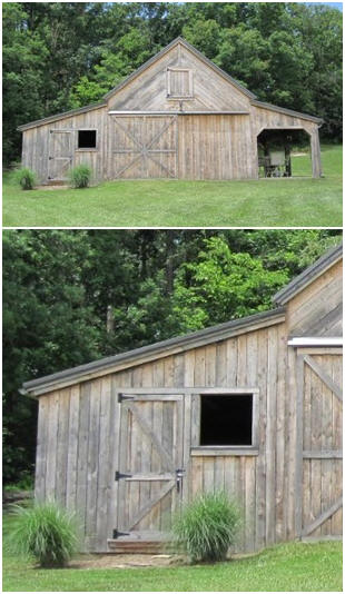 This new barn was sided with weathered boards to make it look like it had been on it's site forever. It is a combination workshop, garage and picnic porch. You can find plans, with the options and layout you need, at BackroadHome.net