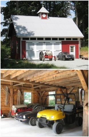 How about your own hobby barn? This one was built for an old tractor, a classic Triumph sports car and an ATV. But, yours could be an art studio, wood shop, crafts barn, backyard office or, whatever. Inexpensive stock plans for the Woodbury Pole Barn are available at BackroadHome.net