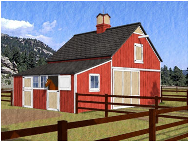 Here's a small and efficient pole barn for four horses. The Chestnut Four-Stall Barn has a front-to-back alley, a hay loft and an optional grooming shelter. Building plans are available at BackroadHome.net. Just click on the barn to see a floor plan.