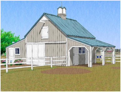 The Chestnut Hill Barn - This small, all-purpose pole-barn combines two horse stalls, a run-in or grooming shelter, a loft, a big alley and a seperate shed for a workshop and tractor garage. Click on the barn to see a floor plan. Blueprints are available at BackroadHome.net