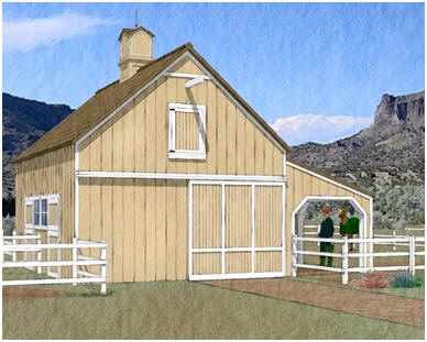 Chestnut Ridge Two-Stall Pole Barn and Run In - This small barn expands out to the paddock with a 12'x24' shelter that you can use for equipment or as a loafing shed. Click on the barn to see a floor plan with dimensions. Builders' blueprints are available at BackroadHome.net
