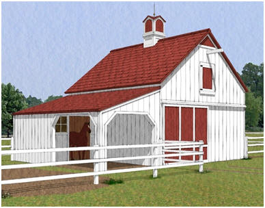 The Chestnut Three-Stall Horse Barn has three stalls, a small grooming shelter, a hay loft and a front-to-back alley. It's one of nine different layouth that you can get on one inexpensive set of building at BackroadHome.net. Just click through to see a floor plan.