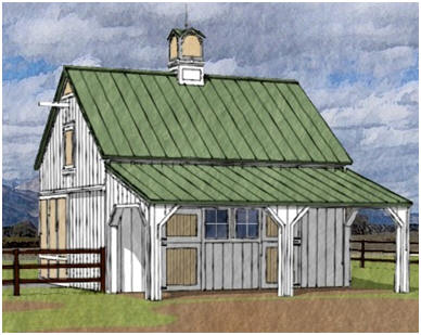 The Chestnut Woods Horse Barn is an economical, two-stall, pole-barn that can be expanded to three or four stalls in the future. Building plans are available at BackroadHome.net. Click on the barn to read more and to see a floor plan and dimensions. 